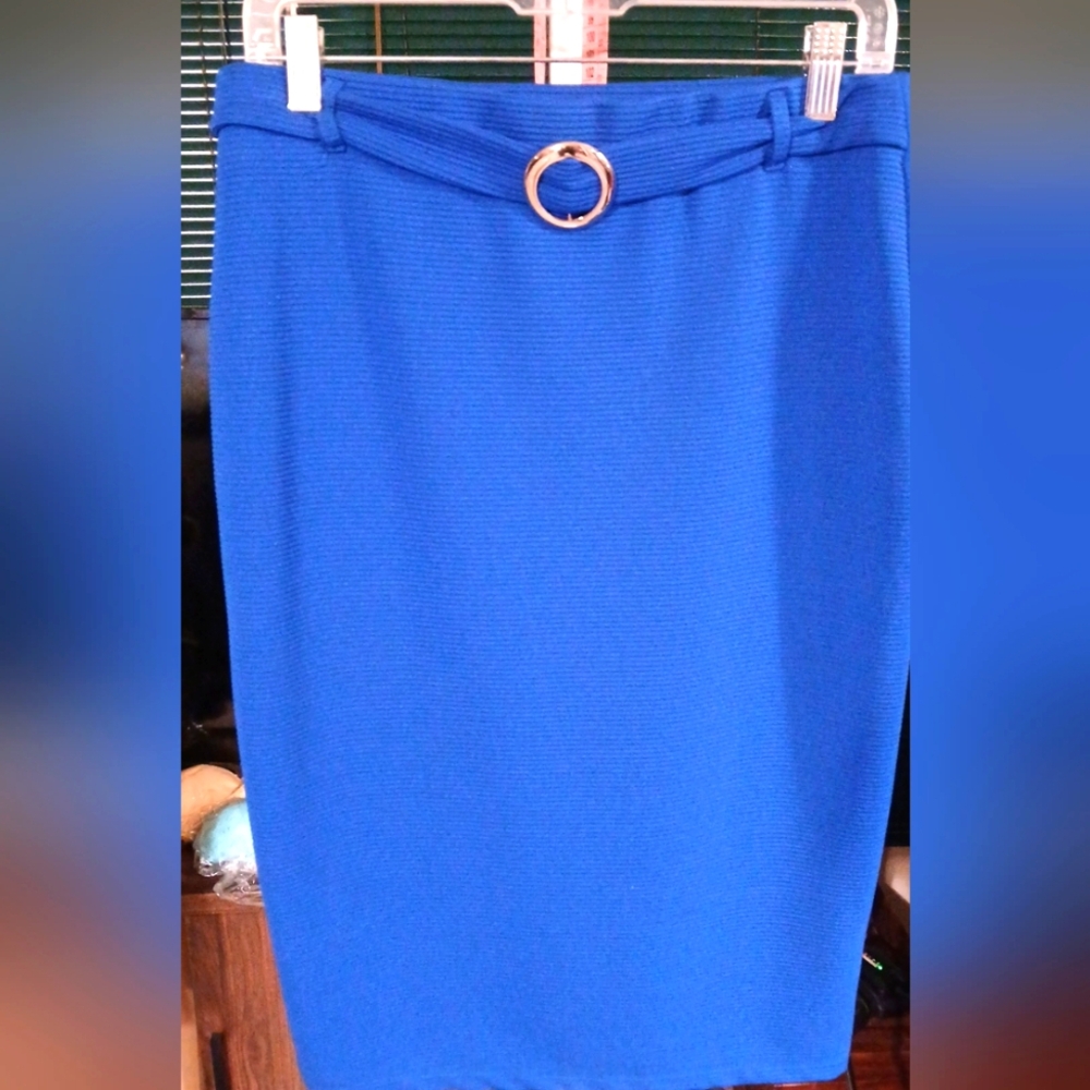 PRELOVED Blue Pencil Skirt with Gold Ring Detail